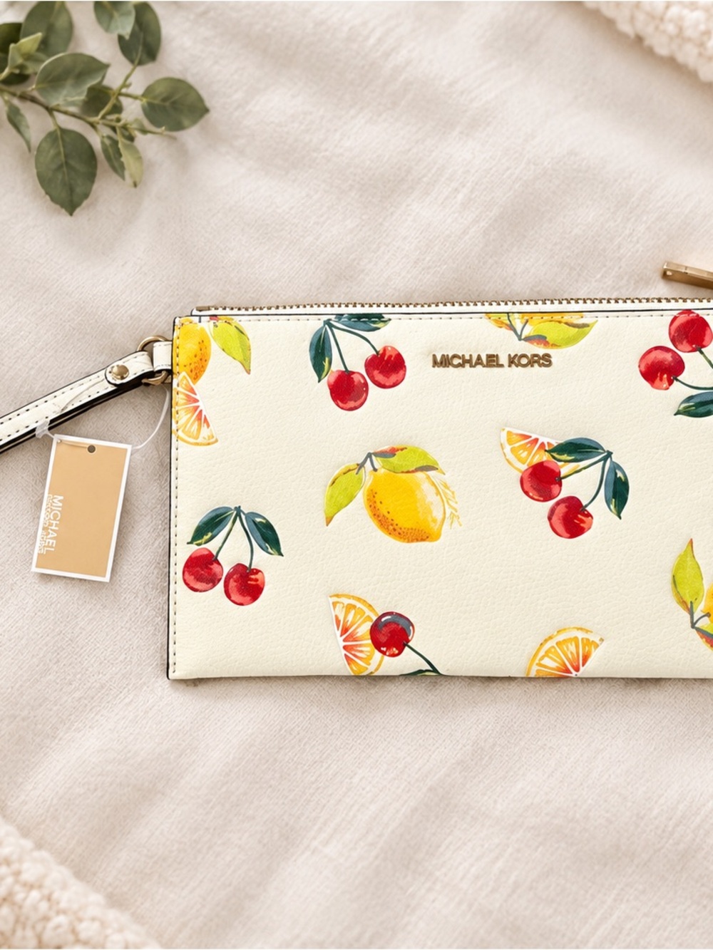 Michael Kors Cream Fruit-Print Wristlet
